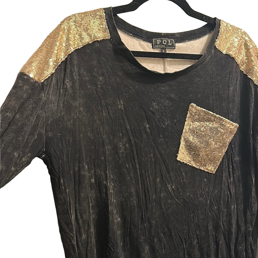 POL Black and Gold Sequin Long Sleeve Blouse - Picture 2 of 15